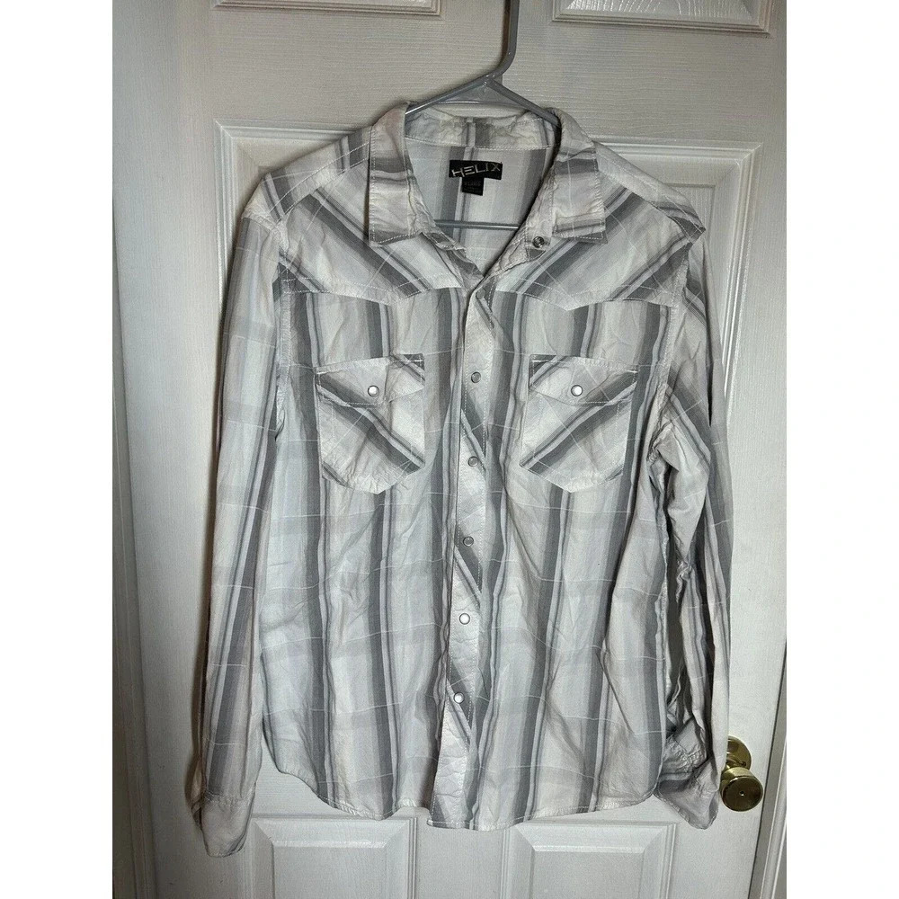 Mens Western Shirt Sz XL White Gray Pearl Snap Shirt Cowboy Rodeo Pockets Helix